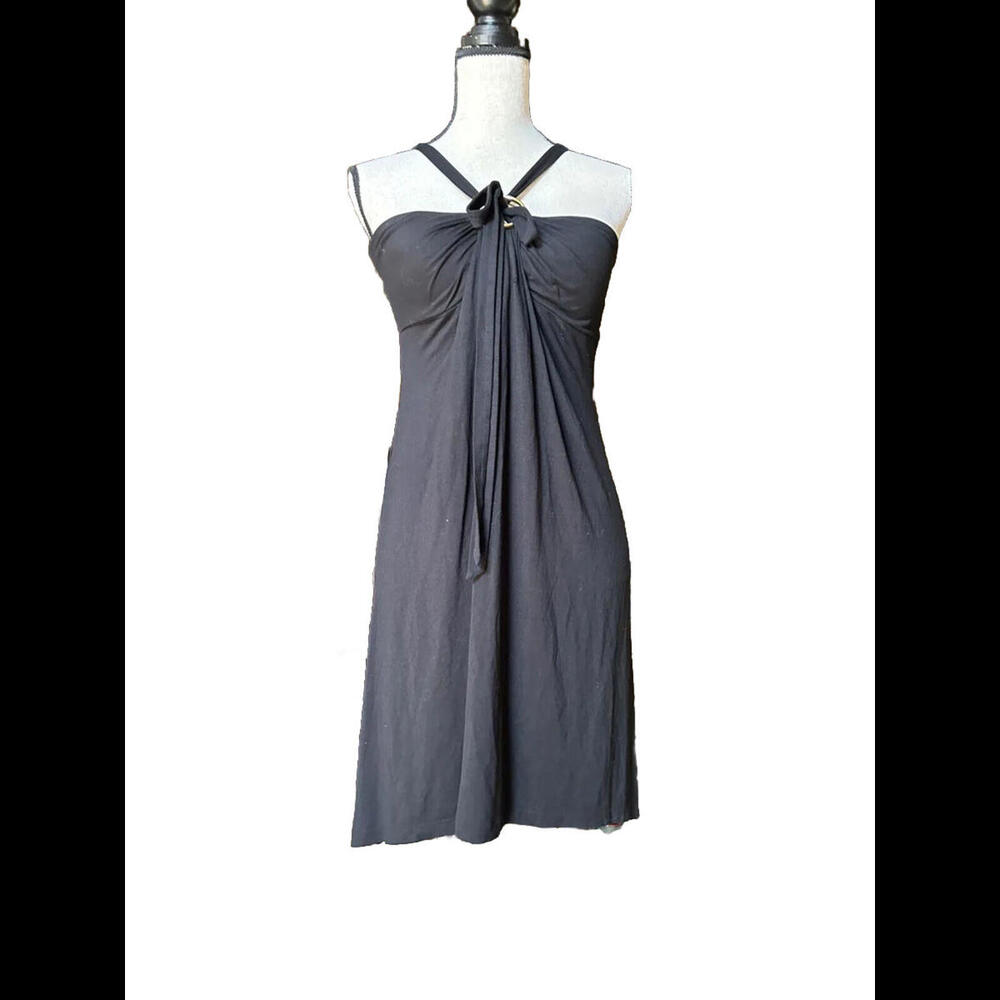 👗⚫️Cache NWOT Black Soft Jersey Halter Neck Dress Gold Detail SzM Empire Waist